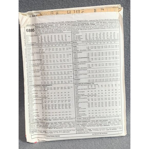 McCalls Pattern 6895 Misses Petite-Able Jacket Vest Skirt Sizes 8-10-12 uncut - Picture 2 of 2